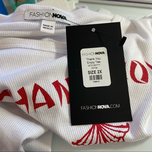 Fashion Nova “THANK YOU ENJOY” White Long Sleeve Ribbed Tee NWT Size 2X - Picture 8 of 13